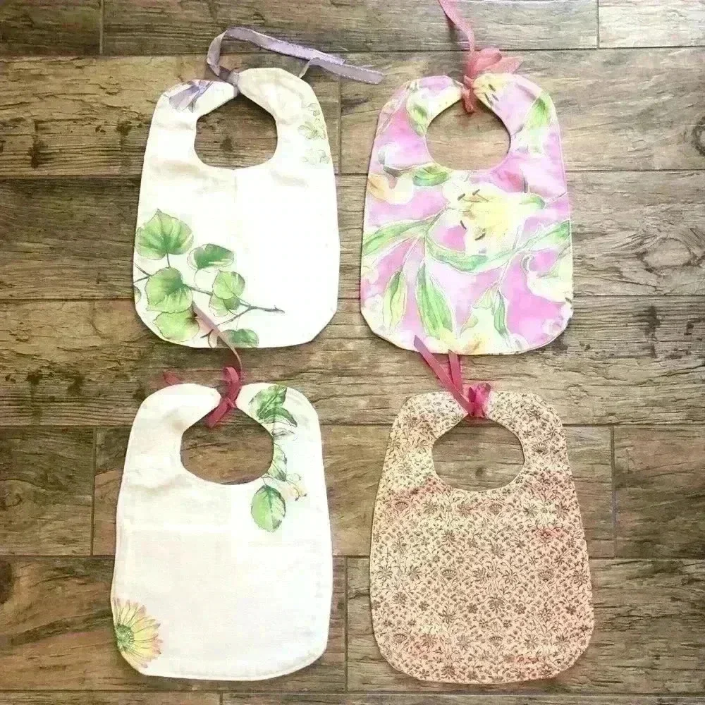 LOT OF 4 BABY GIRL PINK HANDMADE VTG FABRIC BIBS